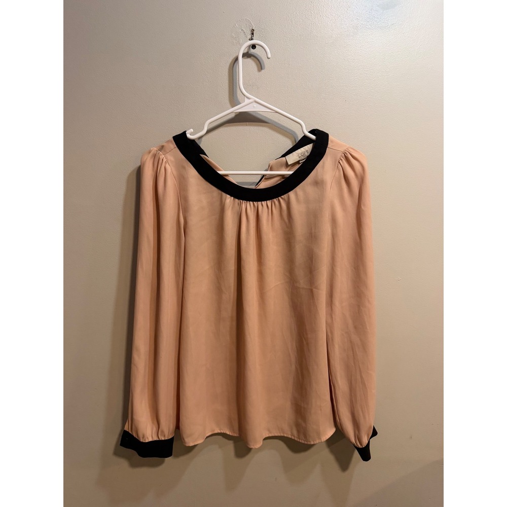Ann Taylor LOFT Womens XS‎ Peach Black Trim Tie Back Long Sleeve Blouse Top